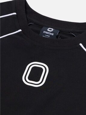 Overtime Linear Racimg Tee. Black Performance Crew Neck Shirt.